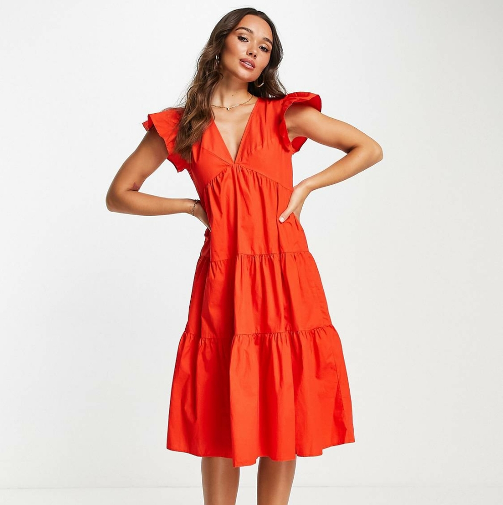 Vero Moda ruffle detail tiered midi dress in bright red